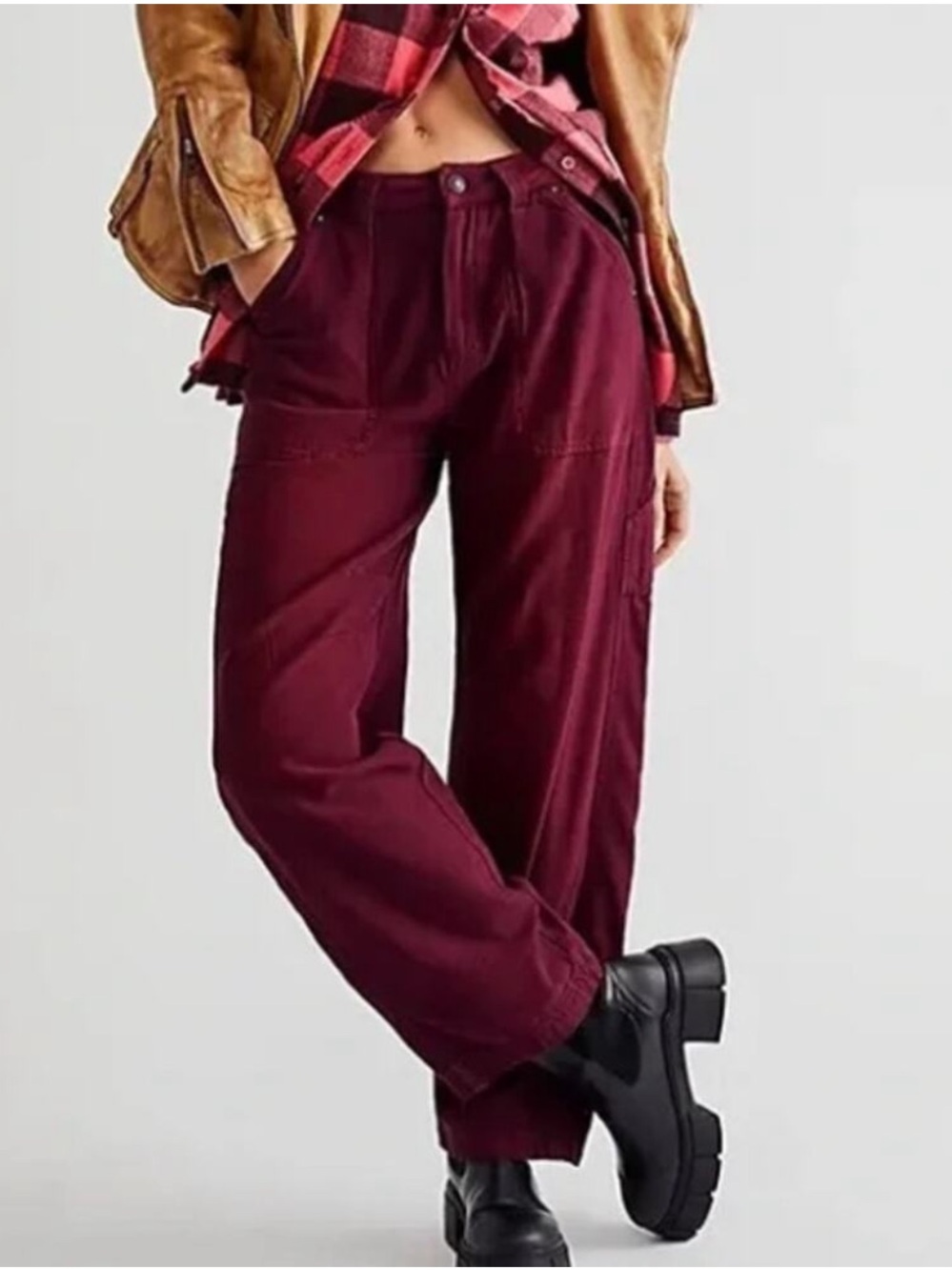 Free People Stay Awhile Carpenter Barrel Leg Pants Maroon Mulberry Sz 4